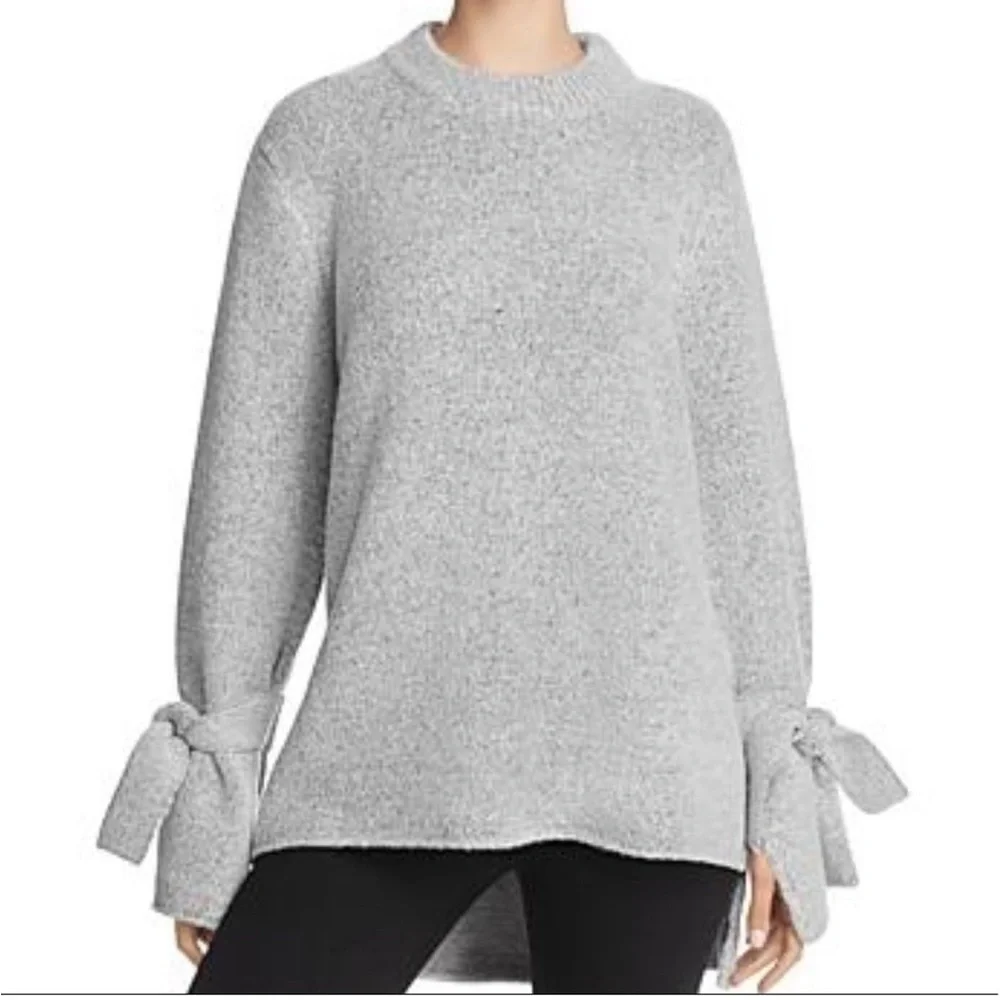 J.O.A. Gray Marled Knit Bell Tie Sleeve Mock Neck Oversized Hi Low Sweater large - Picture 2 of 13